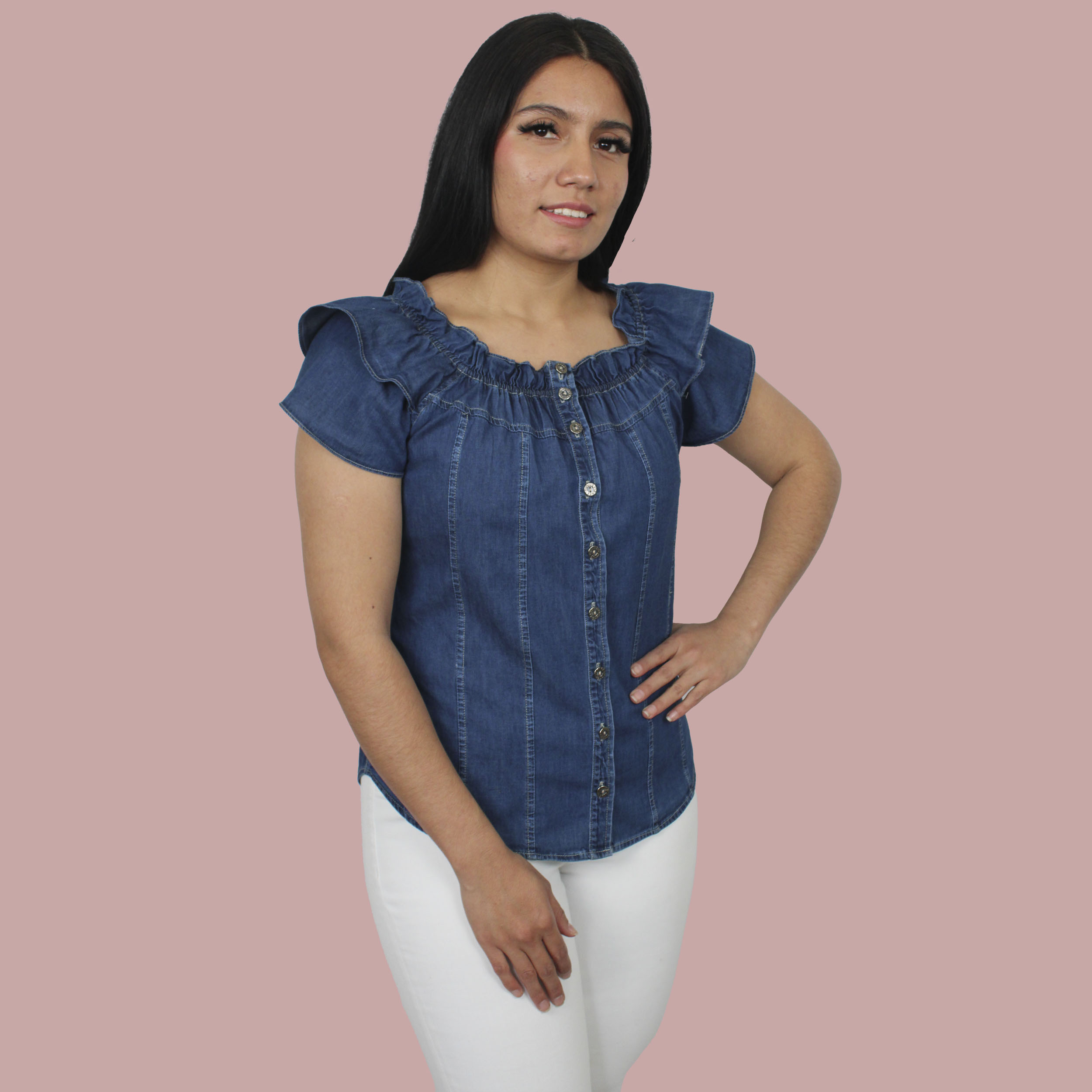 Blusa denim tipo campesina manga corta