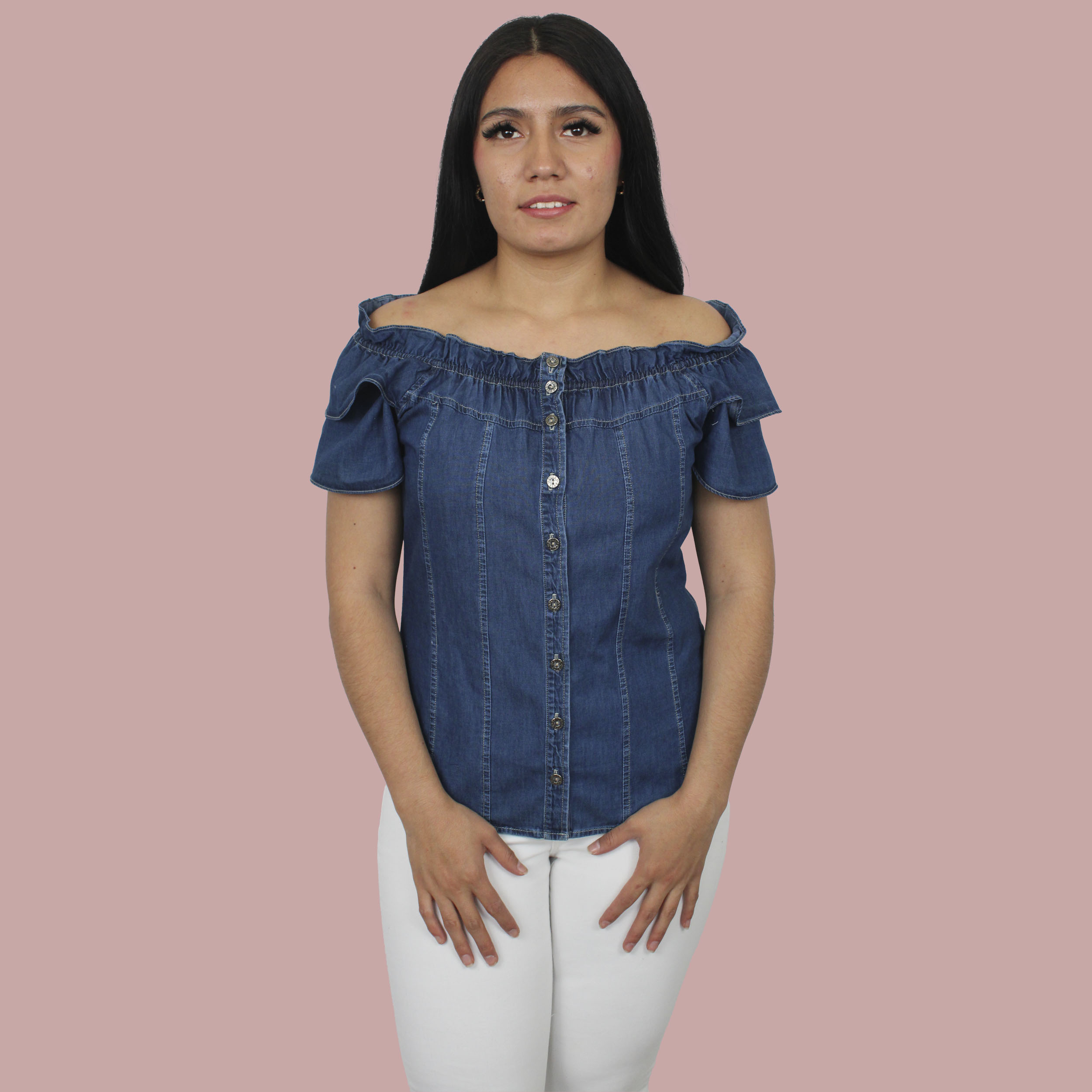 Blusa denim tipo campesina manga corta